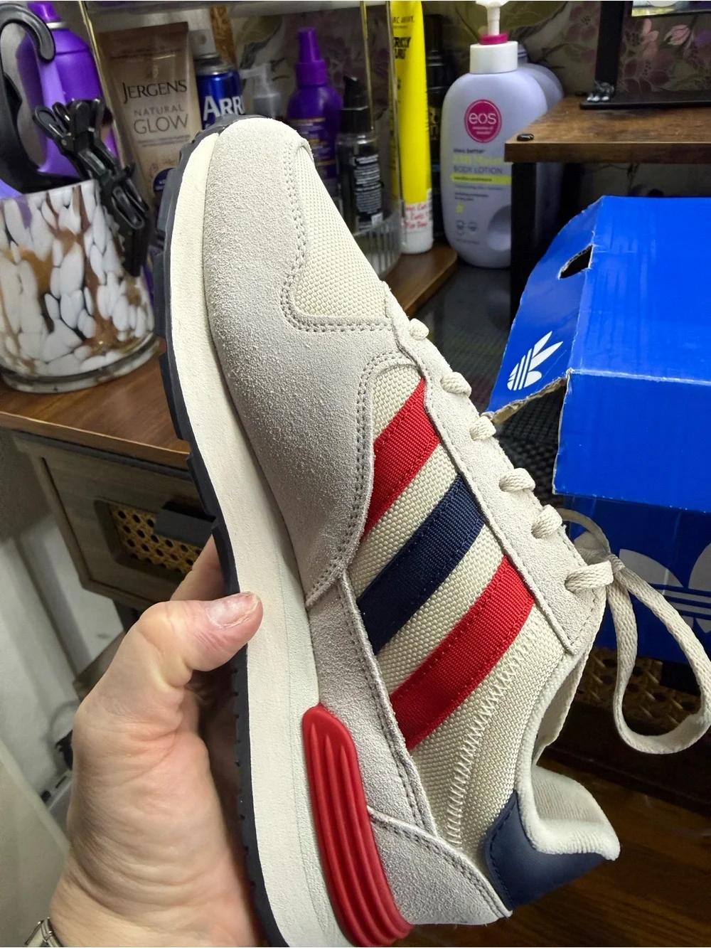 adidas Men’s Cream Sneakers with Red & Navy Stripes